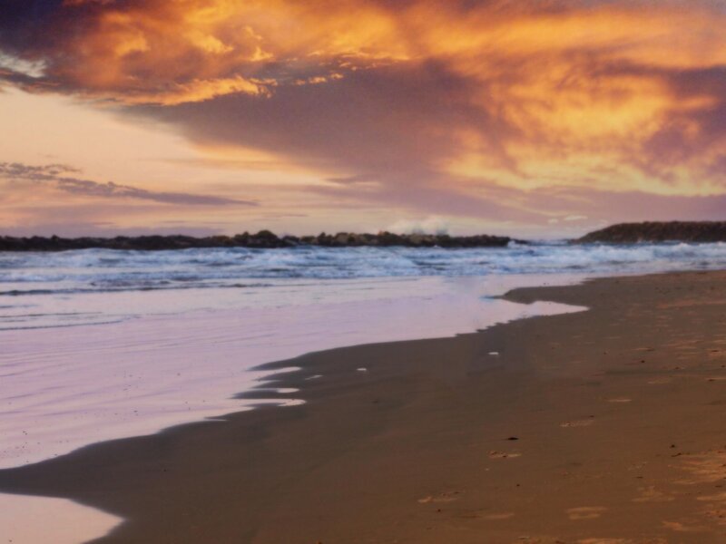 Beach at Sunset — Orange, Dramatic, Photograph, Ocean, Sky, Sand, Purple
