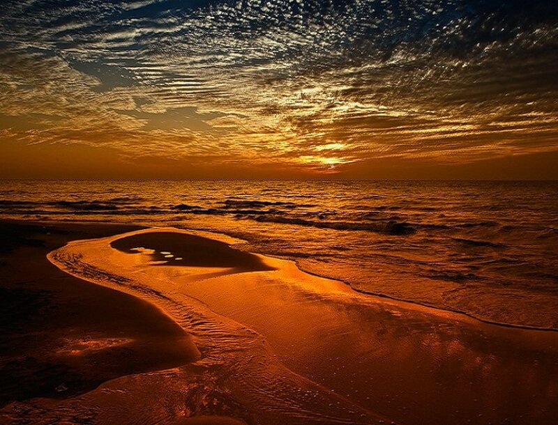 Beach at Sunset — Orange, Dramatic, Photograph, Ocean, Sky, Sand