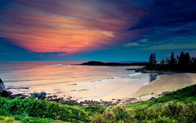 Beach at Sunset — Orange, Dramatic, Photograph, Ocean, Sky, Trees