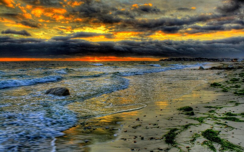 Beach at Sunset — Orange, Dramatic, Photograph, Ocean Waves