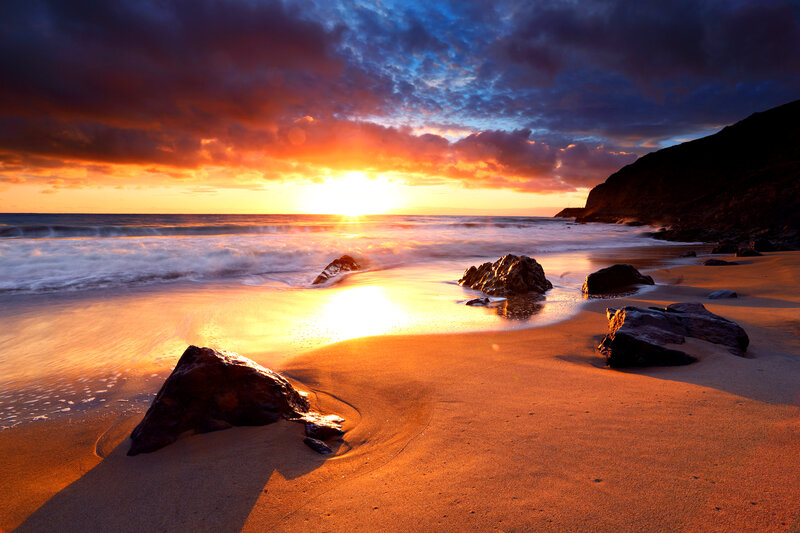 Beach at Sunset — Orange, Dramatic, Photograph, Rocks, Ocean, Sky