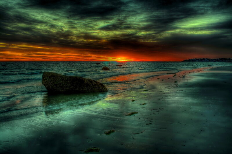 Beach at Sunset — Orange, Dramatic, Photograph, Rocks, Ocean
