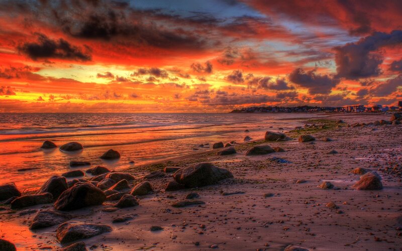 Beach at Sunset — Orange, Dramatic, Photograph, Rocks