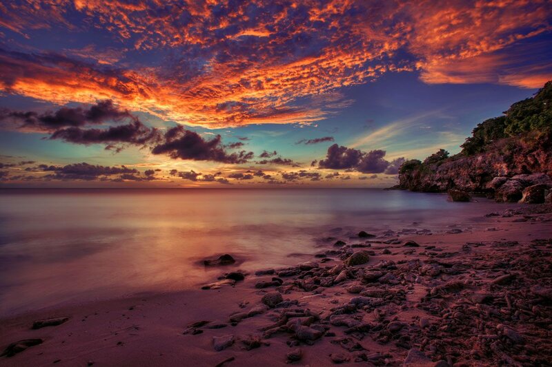 Beach at Sunset — Orange, Dramatic, Photograph, Sky, Ocean, Rocks