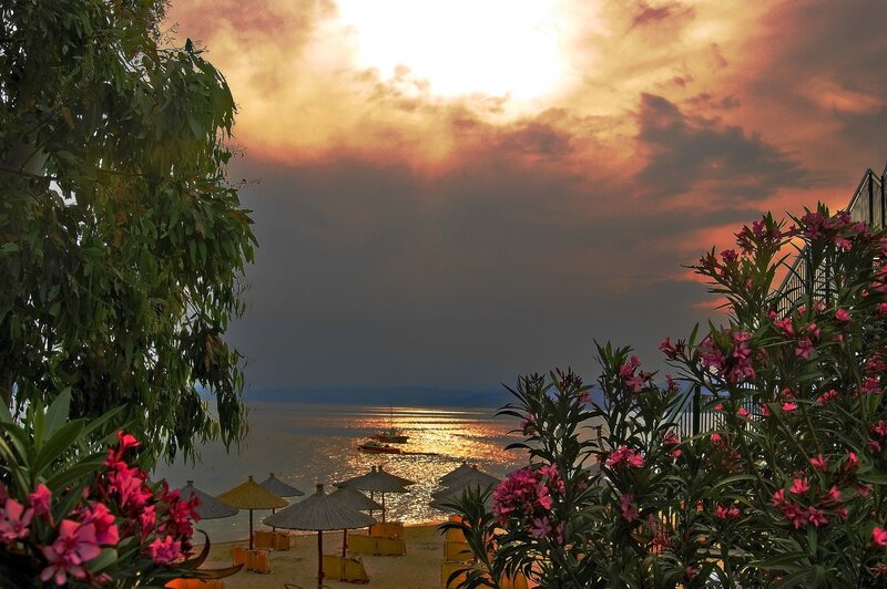 Beach at Sunset — Orange, Dramatic, Photograph, Umbrellas
