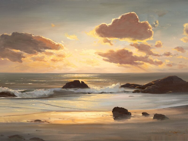 Beach at Sunset — Orange, Serene, Painting