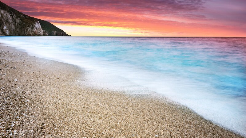 Beach at Sunset — Orange, Serene, Photograph, Cliff, Ocean