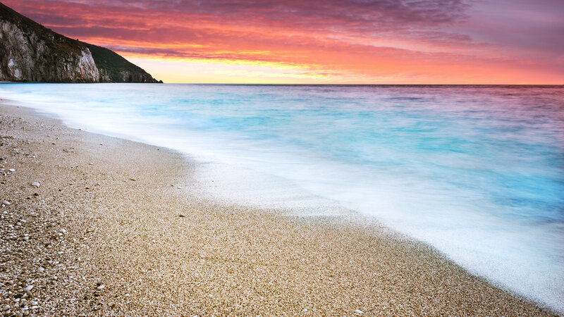Beach at Sunset — Orange, Serene, Photograph, Cliff