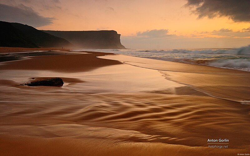 Beach at Sunset — Orange, Serene, Photograph, Cliff, Waves