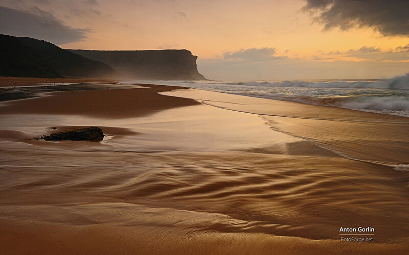Beach at Sunset — Orange, Serene, Photograph, Cliffs