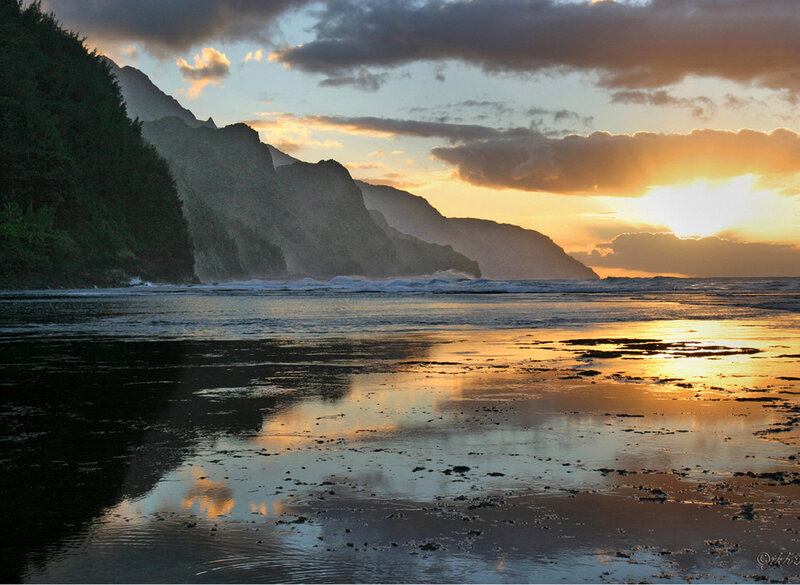 Beach at Sunset — Orange, Serene, Photograph, Mountains, Ocean, Clouds, Blue