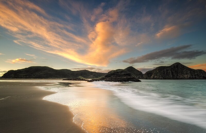 Beach at Sunset — Orange, Serene, Photograph, Mountains, Ocean