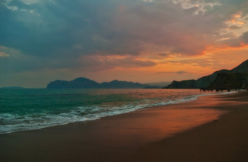 Beach at Sunset — Orange, Serene, Photograph, Mountains