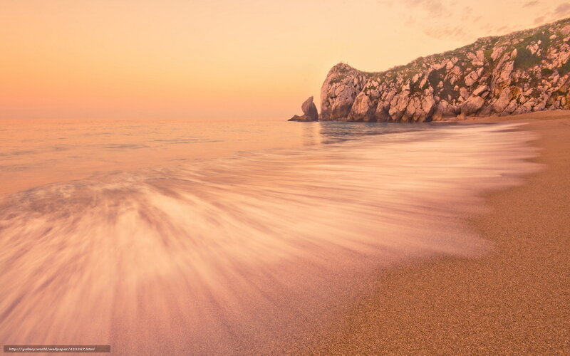 Beach at Sunset — Orange, Serene, Photograph, Ocean, Cliffs, Sand