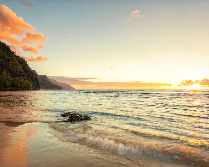 Beach at Sunset — Orange, Serene, Photograph, Ocean, Cliffs