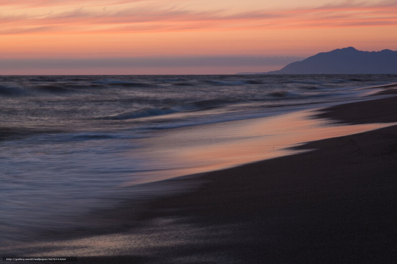 Beach at Sunset — Orange, Serene, Photograph, Ocean, Mountain