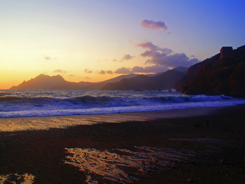 Beach at Sunset — Orange, Serene, Photograph, Ocean, Mountains