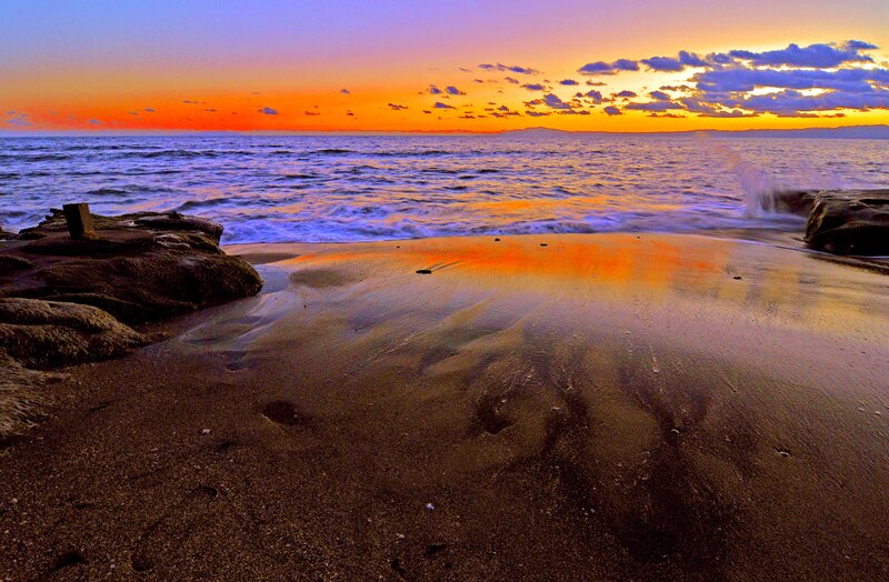 Beach at Sunset — Orange, Serene, Photograph, Ocean, Rocks, Sky