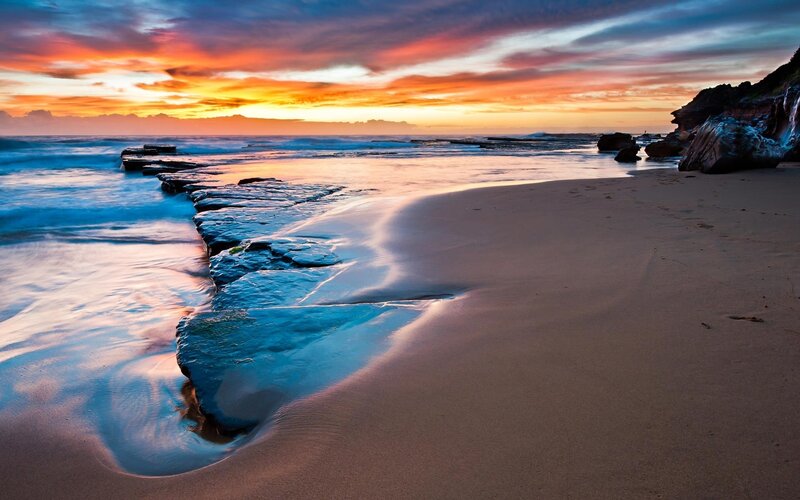 Beach at Sunset — Orange, Serene, Photograph, Ocean, Rocks