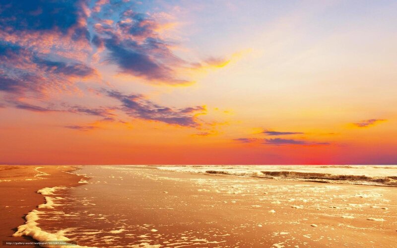 Beach at Sunset — Orange, Serene, Photograph, Ocean, Sky, Clouds