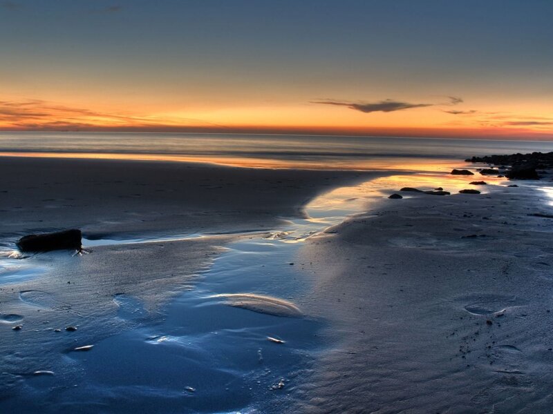Beach at Sunset — Orange, Serene, Photograph, Ocean, Sky, Rocks, Blue