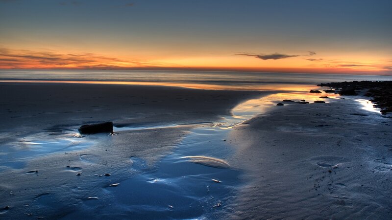 Beach at Sunset — Orange, Serene, Photograph, Ocean, Sky, Rocks