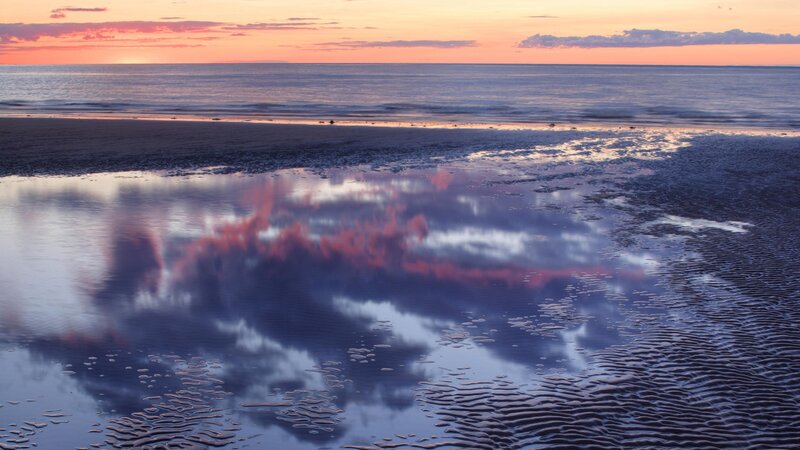 Beach at Sunset — Orange, Serene, Photograph, Ocean, Sky, Sand, Blue, Purple