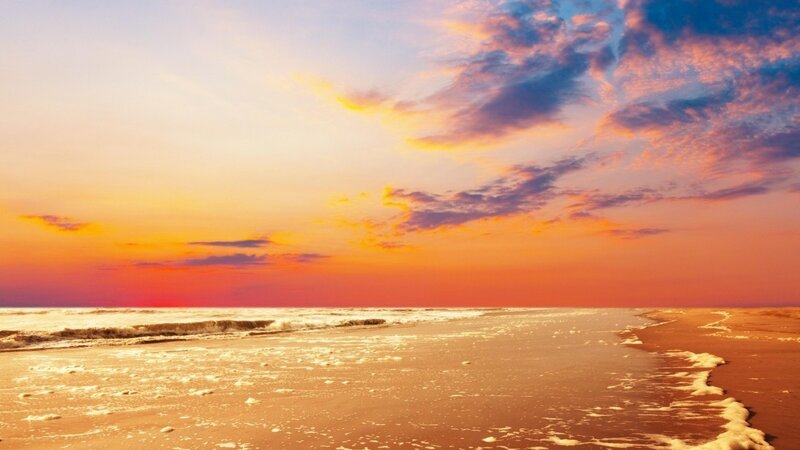 Beach at Sunset — Orange, Serene, Photograph, Ocean, Sky, Sand, Pink, Blue