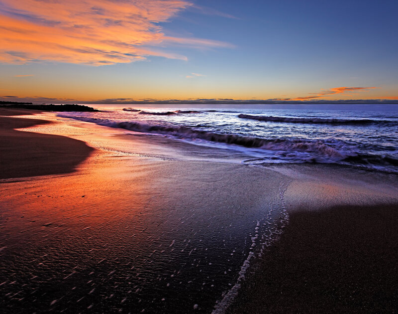Beach at Sunset — Orange, Serene, Photograph, Ocean, Sky, Sand