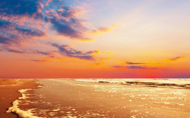 Beach at Sunset — Orange, Serene, Photograph, Ocean, Sky
