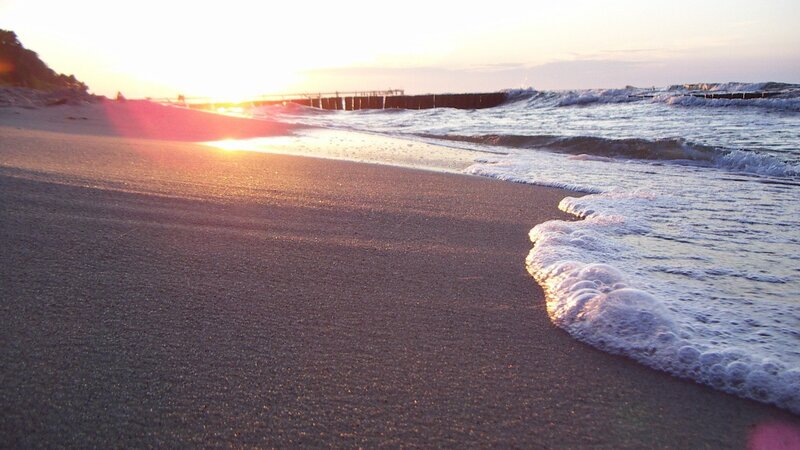 Beach at Sunset — Orange, Serene, Photograph, Ocean, Waves, Pier