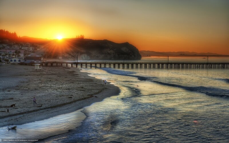 Beach at Sunset — Orange, Serene, Photograph, Pier, Cliff