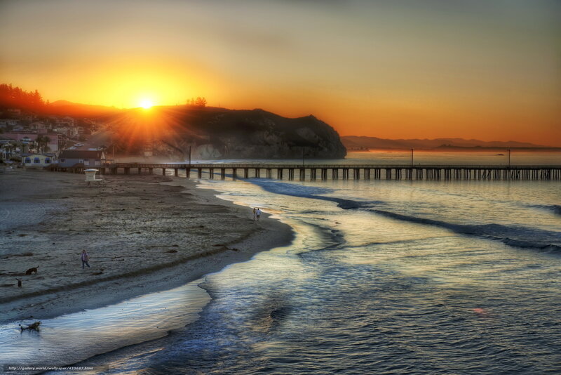 Beach at Sunset — Orange, Serene, Photograph, Pier, Houses