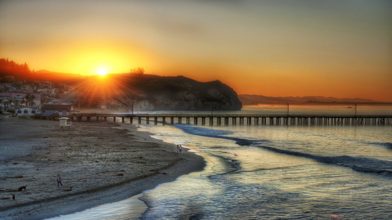 Beach at Sunset — Orange, Serene, Photograph, Pier