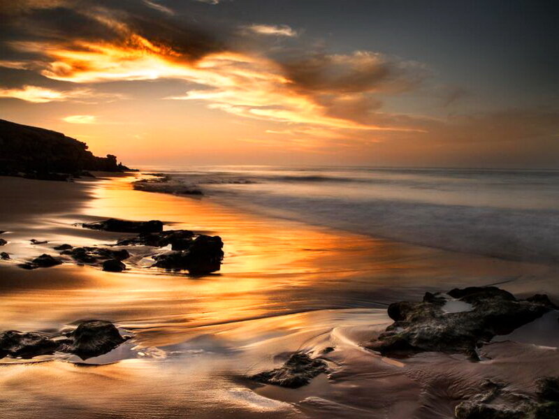Beach at Sunset — Orange, Serene, Photograph, Rocks