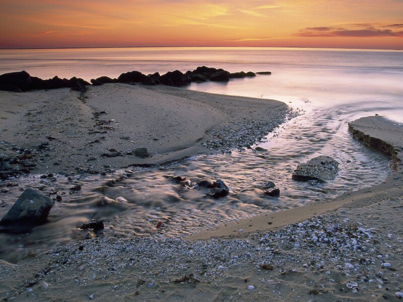 Beach at Sunset — Orange, Serene, Photograph, Sand, Rocks