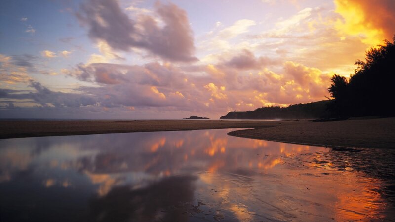 Beach at Sunset — Orange, Serene, Photograph, Sky, Clouds, Sand, Trees