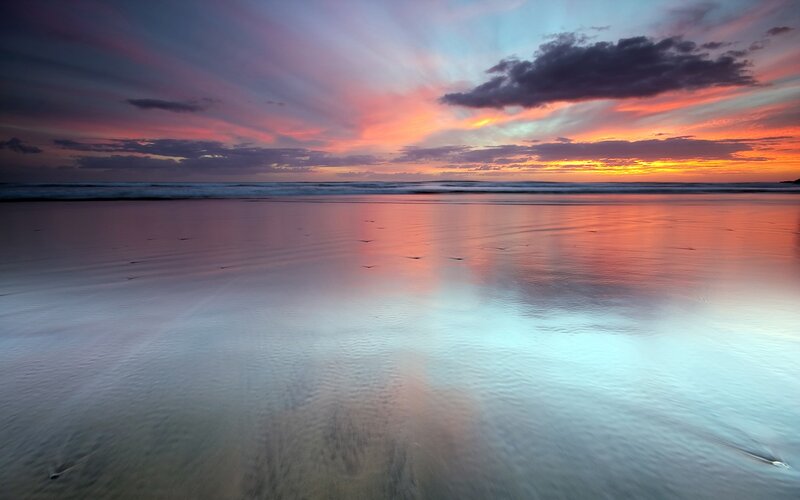 Beach at Sunset — Orange, Serene, Photograph, Sky, Ocean, Sand