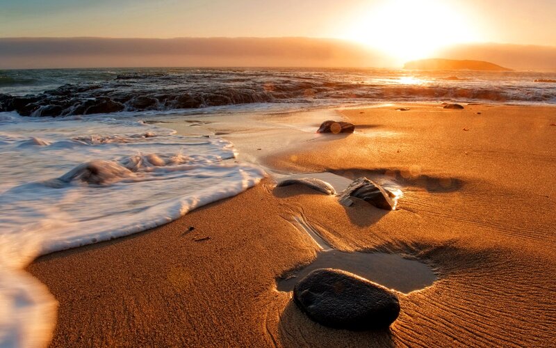 Beach at Sunset — Orange, Serene, Photograph, Waves