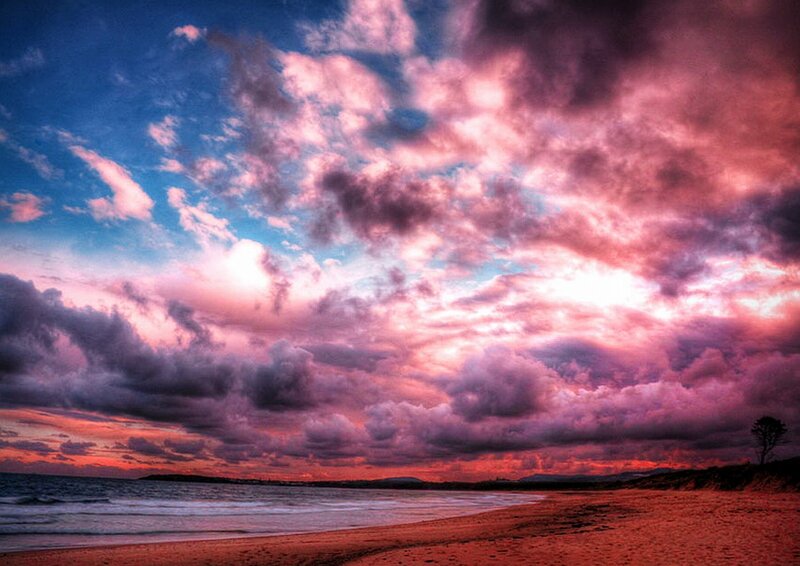 Beach at Sunset — Pink, Dramatic, Photograph, Clouds