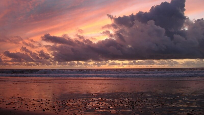 Beach at Sunset — Pink, Dramatic, Photograph, Ocean, Clouds, Sand, Purple