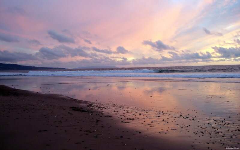 Beach at Sunset — Pink, Serene, Photograph, Ocean, Sky, Clouds