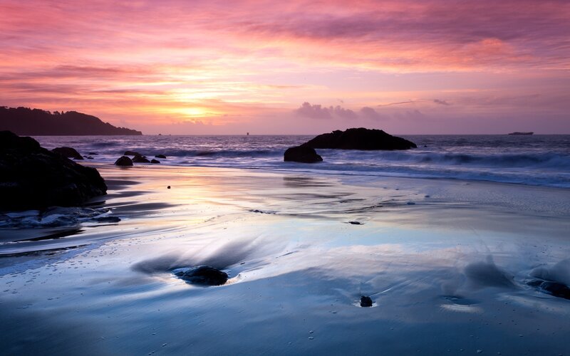 Beach at Sunset — Pink, Serene, Photograph, Rocks, Ocean, Sky, Orange
