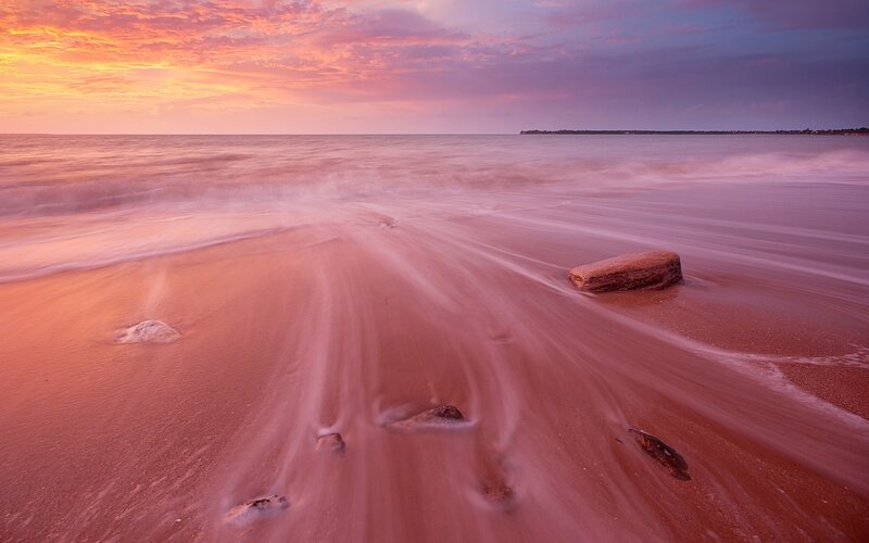 Beach at Sunset — Pink, Serene, Photograph, Rocks, Ocean
