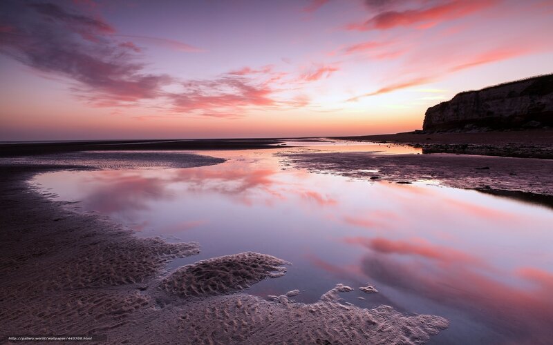 Beach at Sunset — Pink, Serene, Photograph, Sky, Clouds