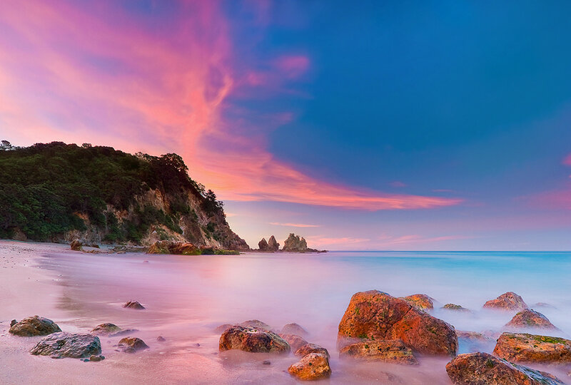 Beach at Sunset — Pink, Serene, Photograph