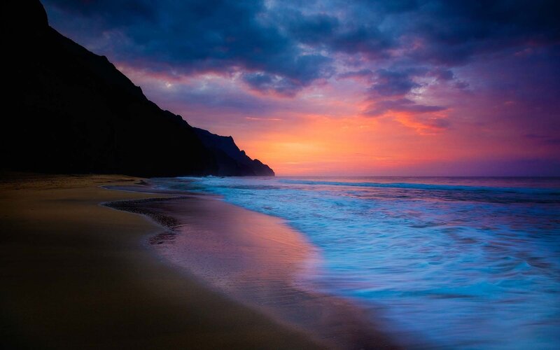 Beach at Sunset — Purple, Dramatic, Photograph, Cliff, Ocean, Sky