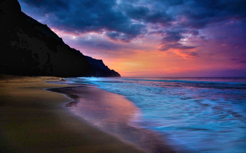 Beach at Sunset — Purple, Dramatic, Photograph, Cliff, Ocean