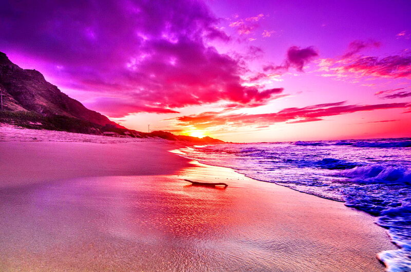 Beach at Sunset — Purple, Dramatic, Photograph, Mountain, Ocean