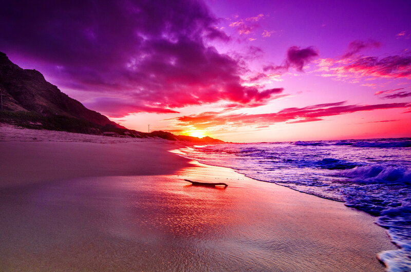 Beach at Sunset — Purple, Dramatic, Photograph, Mountain